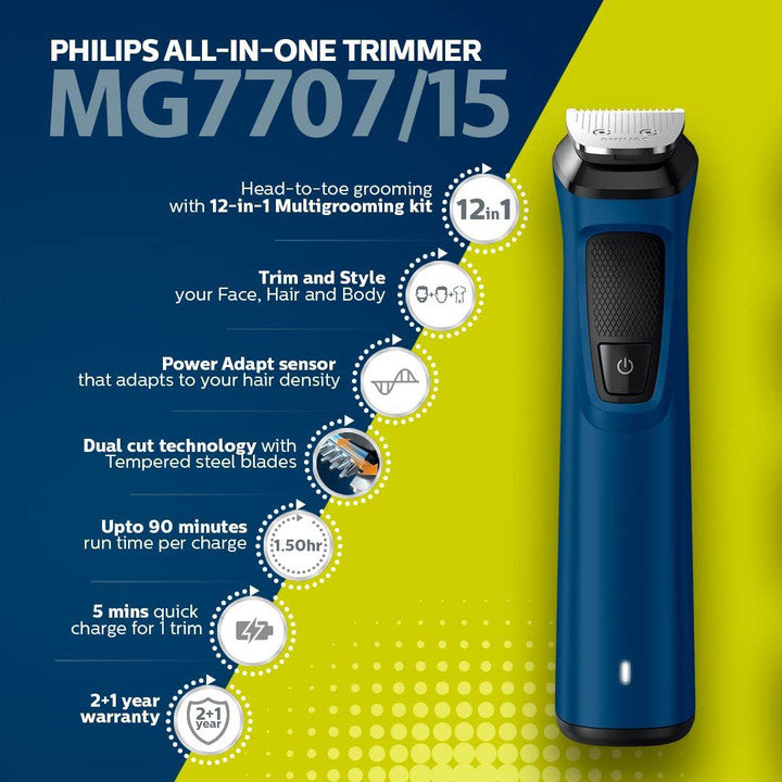 PHILIPS Series 7000 Multigroom Face, Body and Private Parts, Patented Twin Trim Blades, 12 in 1 I Precision Trimming | 90 mins. Run Time (MG7707/15)