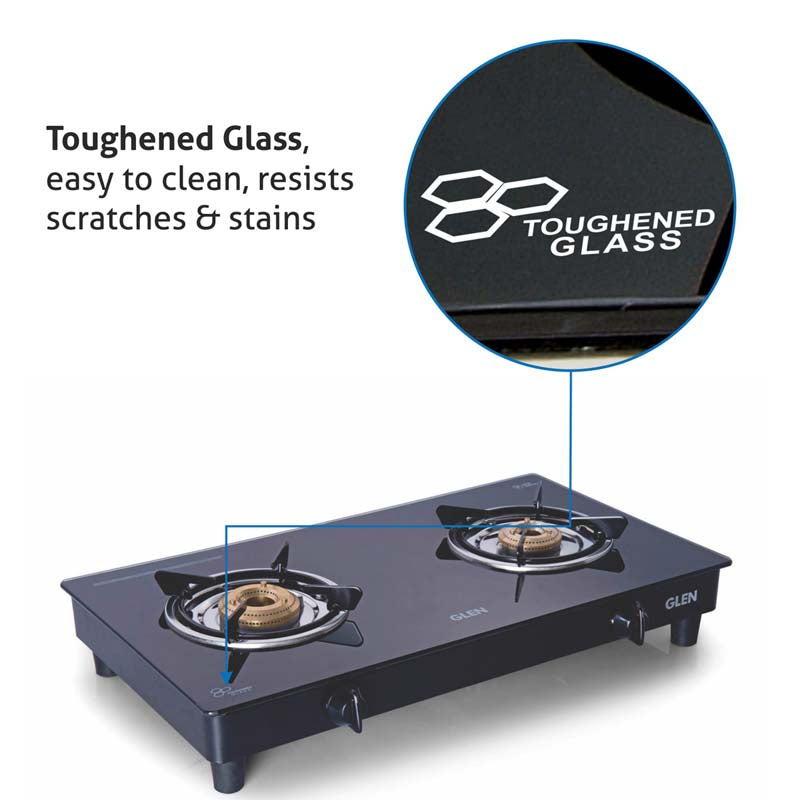 2 Burner Glass Gas Stove Extra Large with Brass Burner Black (1020 GTXL BB BL)