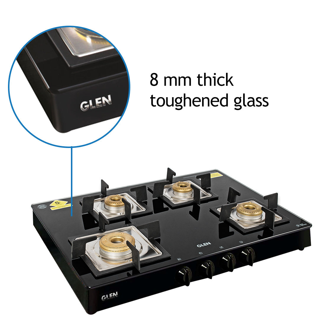 4 Burner Glass Gas Stove 1 High Flame 3 Forged Brass Burner 70 CM Black(1048 GT SQBLFB)