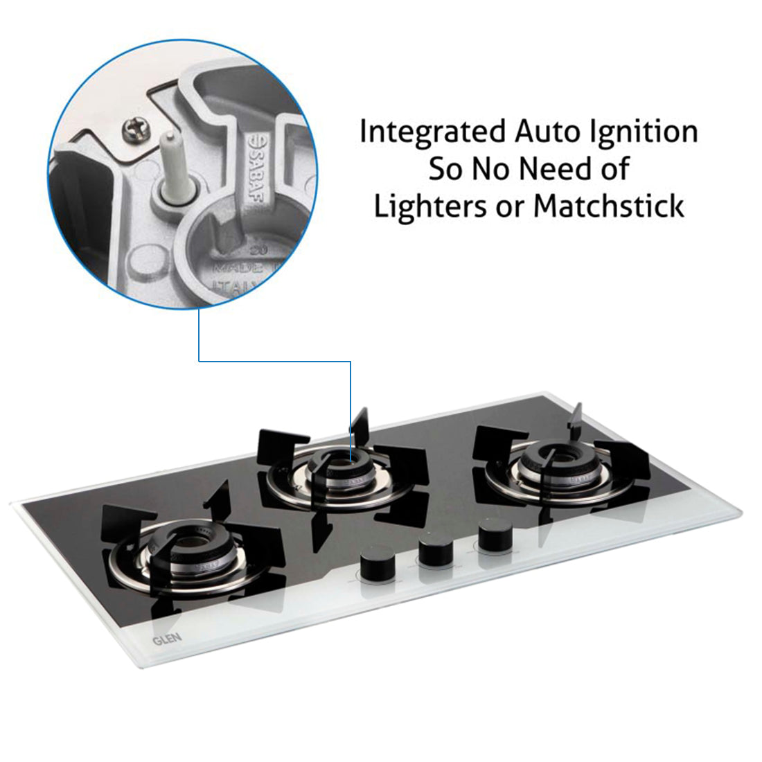 3 Burner Built In Glass Hob with Italian Double Ring Burners Auto Ignition (1073 IN BW)
