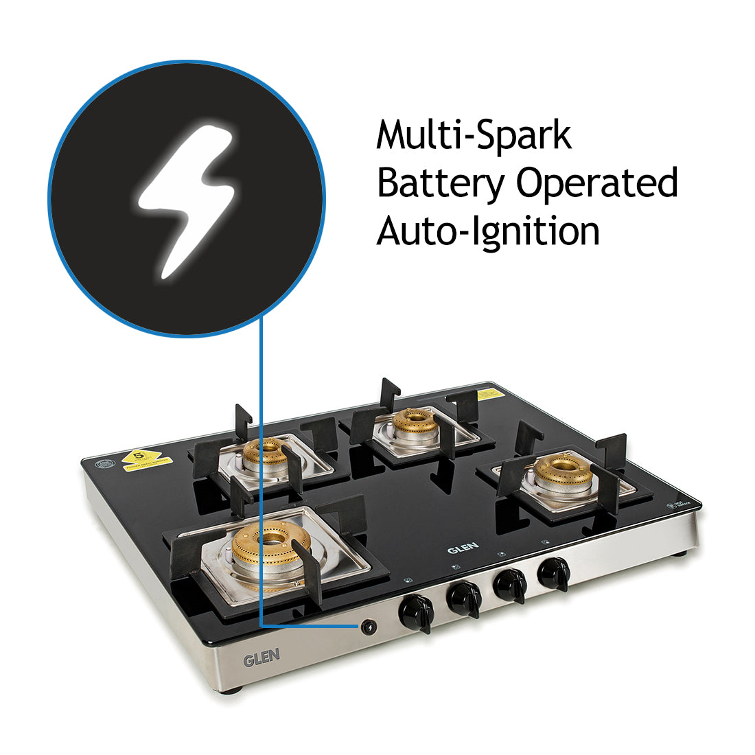 4 Burner Glass Gas Stove 1 High Flame 3 Forged Brass Burner Auto Ignition 70 CM (1048 GT SQFBAI)