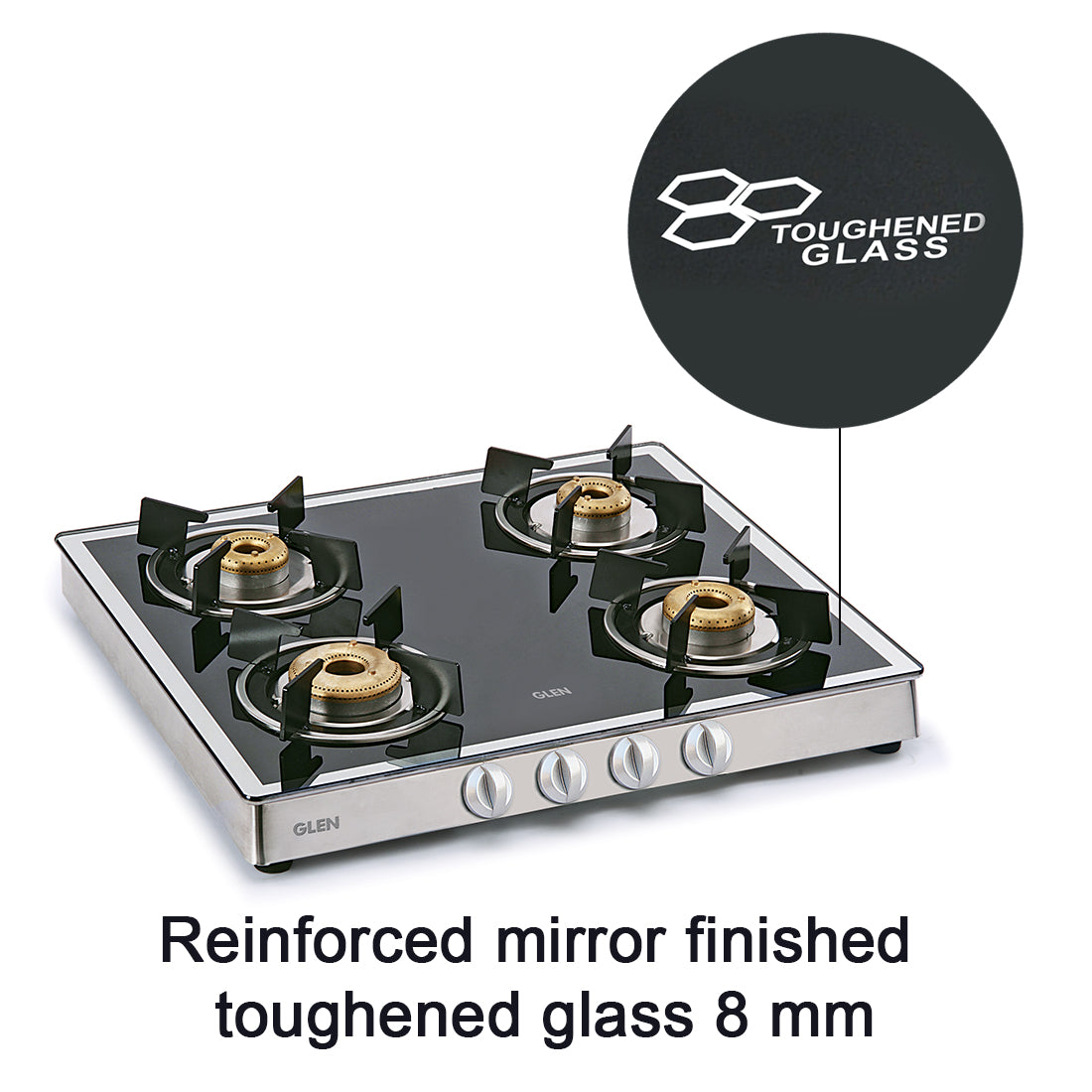 4 Burner Glass Gas Stove Mirror Finish 1 High Flame 3 Forged Brass Burner 60 CM (1042 GT FBM)