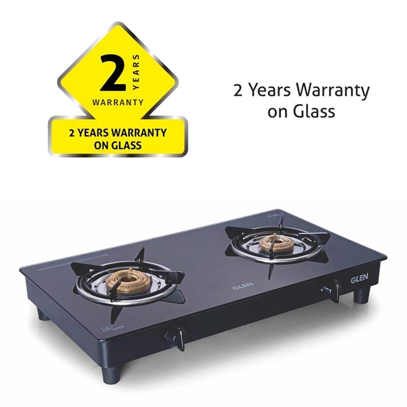 2 Burner Glass Gas Stove Extra Large with Brass Burner Black (1020 GTXL BB BL)