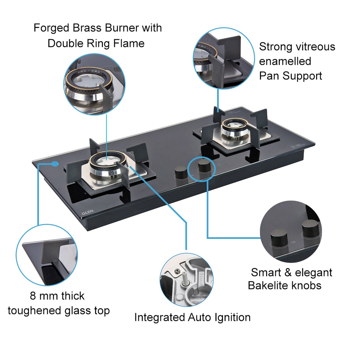 2 Burner Glass Hob Top with Double Ring Forged Brass Burners Auto Ignition (1022 SQ HT DB)