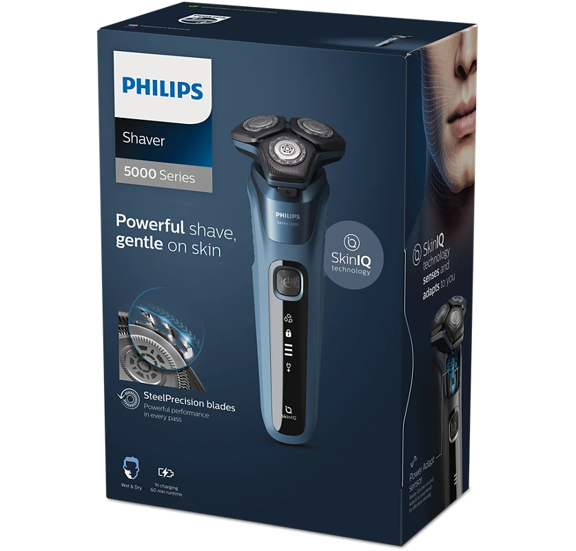 Philips Electric Shaver- SenseIQ Technology Power Adapt Sensor | 360° Flexing heads Integrated pop up trimmer I 90K cutting action per minute | Wet & Dry Shave | 5000 Series | S5582/20