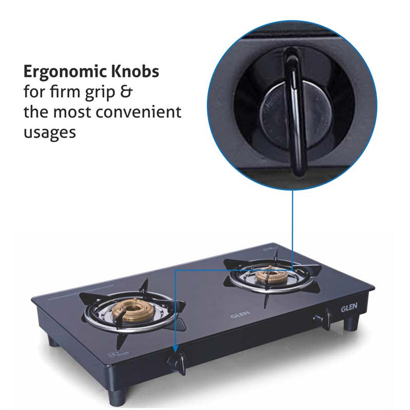 GLEN 2 Burner Glass Gas Stove Extra Large with Brass Burner Black (CT1022GTXLBBBL)
