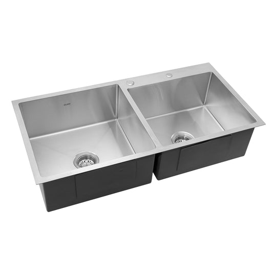 GLEN Stainless Steel Grade 304 Sink for | Double Bowl Handmade Sink with Half Faucet Deck 37x18x9 inches | Matte Finish (KS-SH37189DBHFDM)