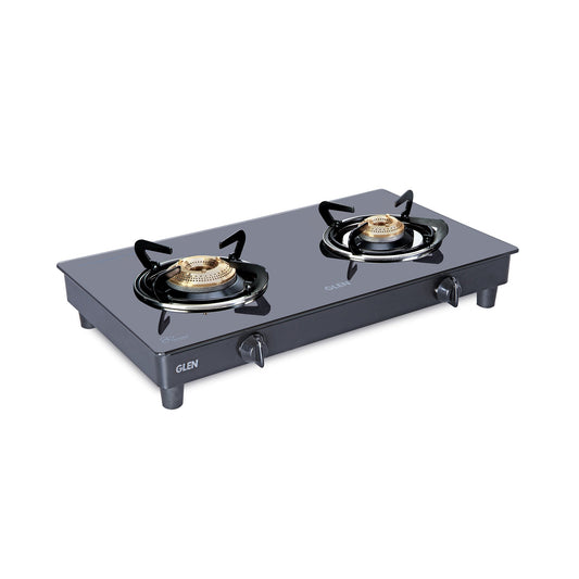 GLEN 2 Burner Glass Gas Stove with High Flame Brass Burner Black (CT1021GTHFBBBL) - Manual/Auto Ignition