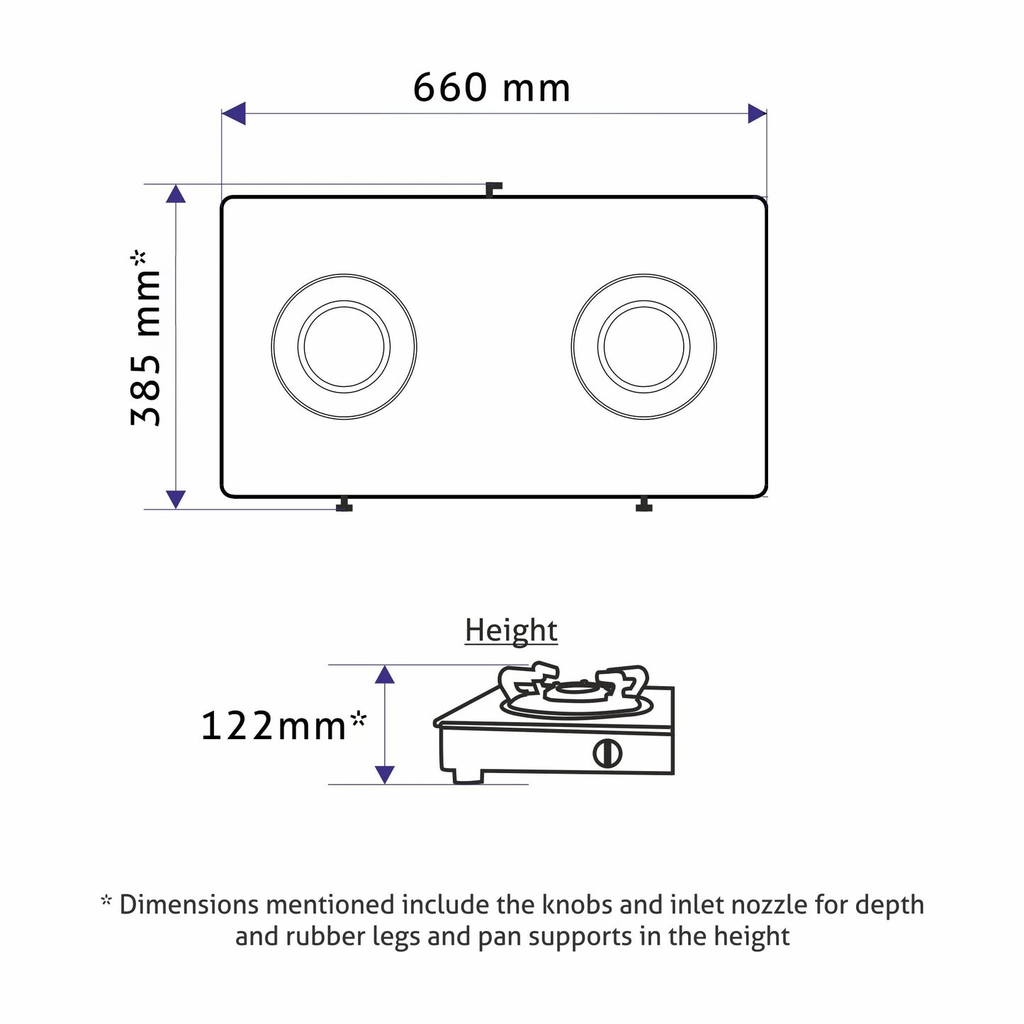 2 Burner Glass Gas Stove with High Flame Brass Burner Crown Pan Supports (CT 1022 GT BB BL HF CP) - Manual/Auto Ignition