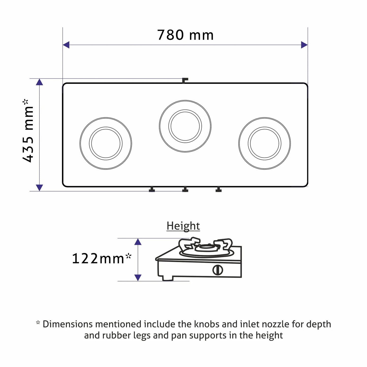 GLEN 3 Burner PNG Glass Gas Stove with High Flame Brass Burner and Crown Pan Supports (CT1038GTBBBLHFCPPN)