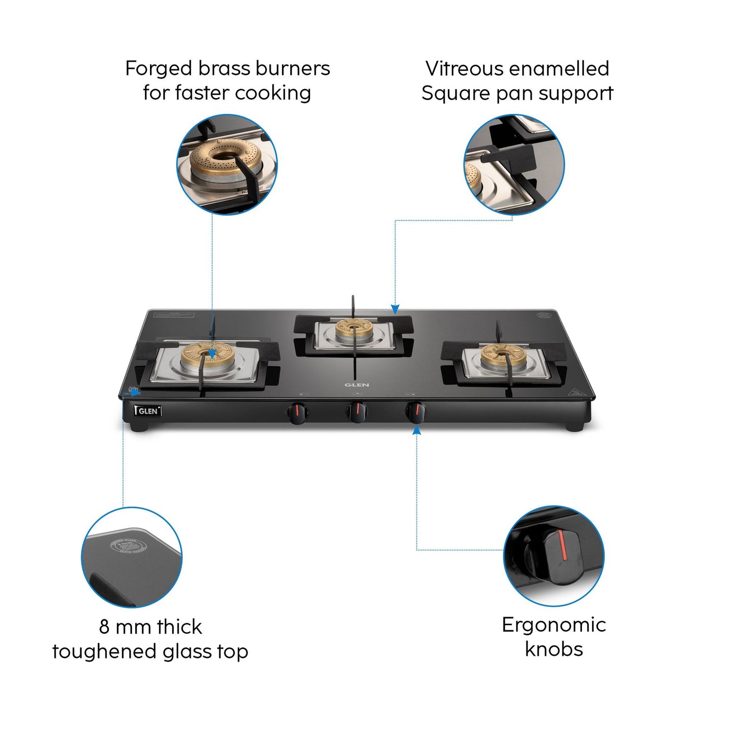 GLEN 3 Burner Slim Glass Gas Stove with High Flame Forged Brass Burner - Manual/Auto Ignition (CT1038SLSQBLFB)