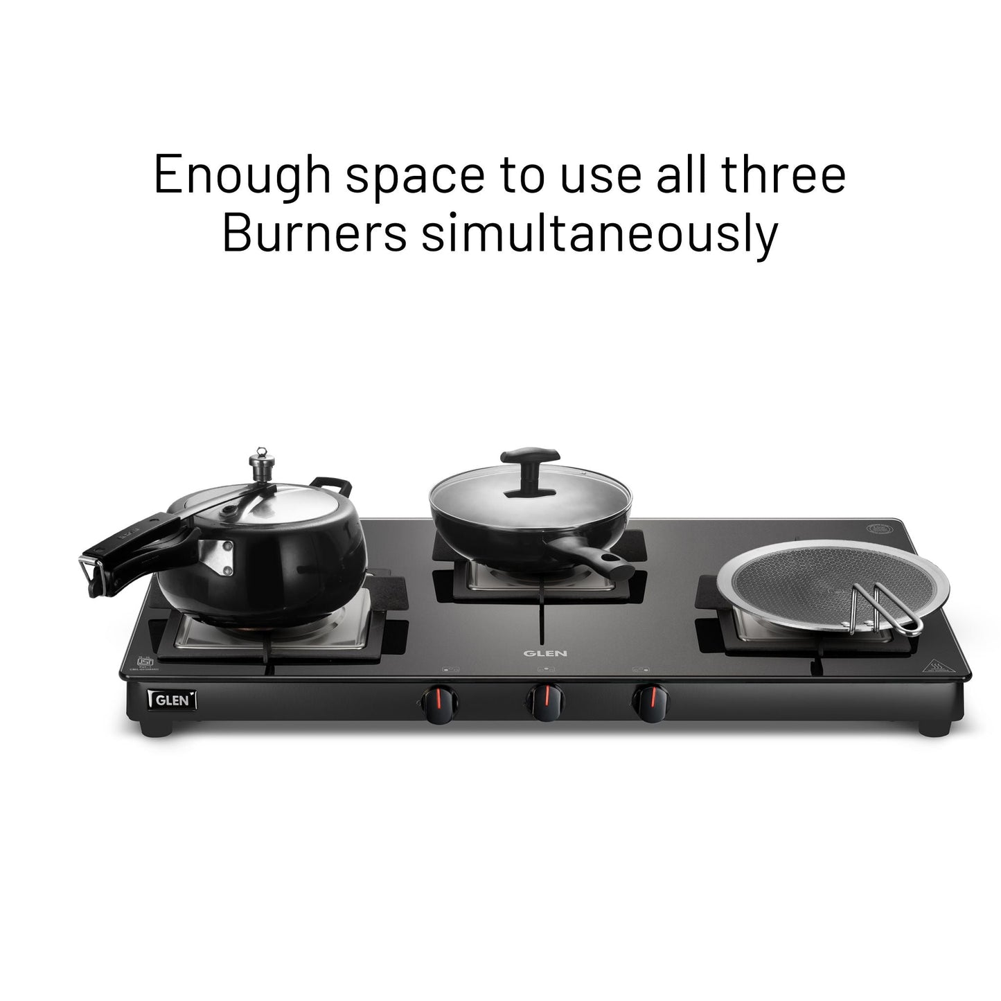 GLEN 3 Burner Slim Glass Gas Stove with High Flame Forged Brass Burner - Manual/Auto Ignition (CT1038SLSQBLFB)