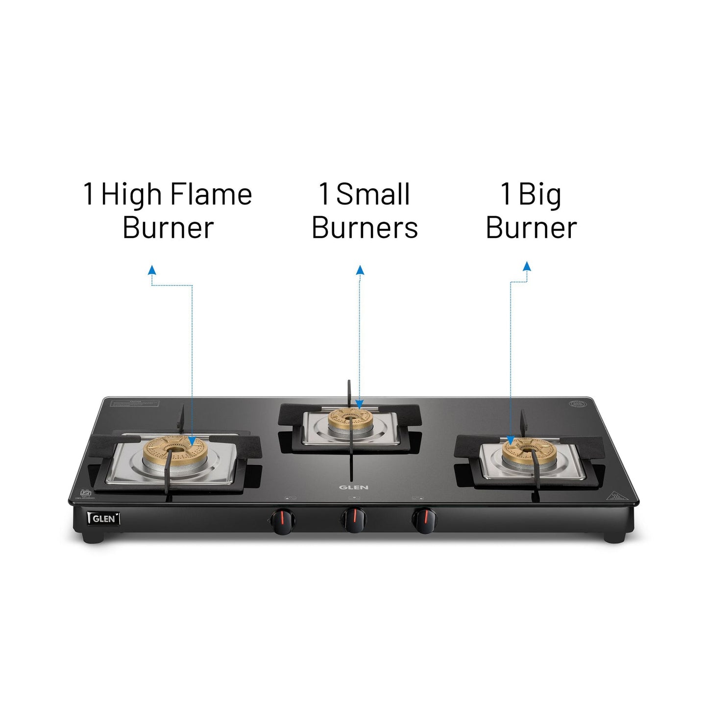 GLEN 3 Burner Slim Glass Gas Stove with High Flame Forged Brass Burner - Manual/Auto Ignition (CT1038SLSQBLFB)