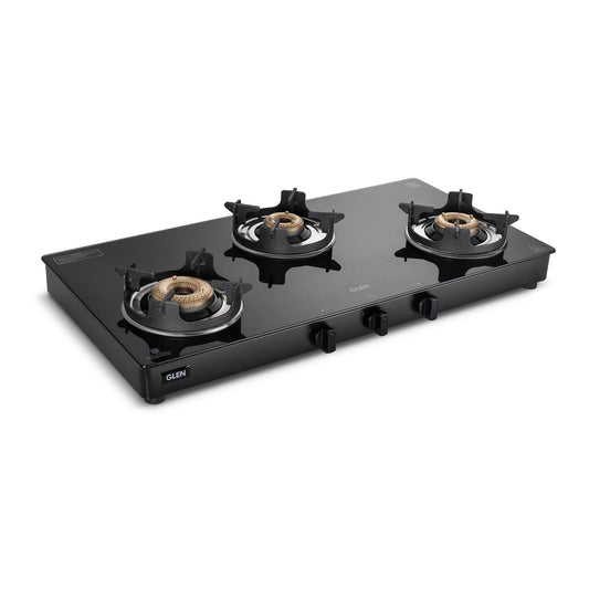 GLEN 3 Burner PNG Glass Gas Stove with High Flame Brass Burner and Crown Pan Supports (CT1038GTBBBLHFCPPN)