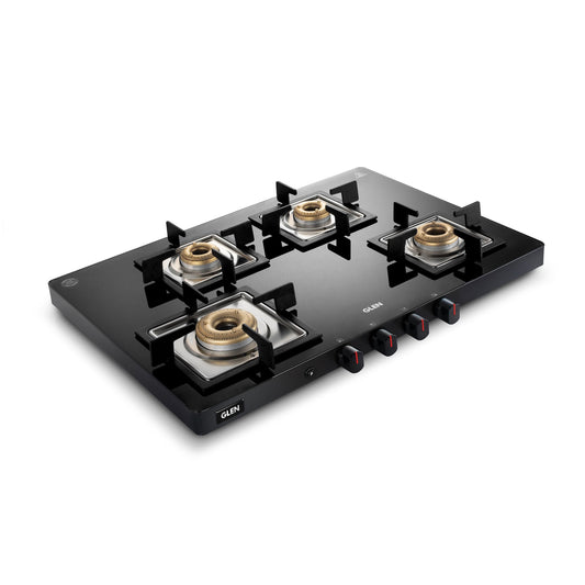 GLEN 4 Burner PNG Ultra Slim Glass Gas Stove 1 High Flame 3 Forged Brass Burner - Manual / Auto Ignition (CT1047USBLPN)