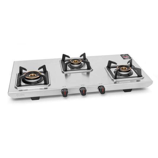 GLEN 3 Burner Ultra Tuff Stainless Steel Gas Stove with Multi Ring Forged Brass Burner & Drip trays (CT1053UTDTSS)