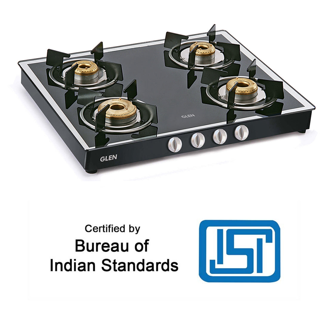 4 Burner Glass Gas Stove Mirror Finish 1 High Flame 3 Forged Brass Burner 60 CM Black (1042 GT FBM BL)