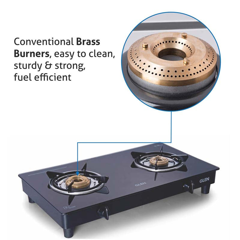 GLEN 2 Burner Glass Gas Stove Extra Large with Brass Burner Black (CT1022GTXLBBBL)