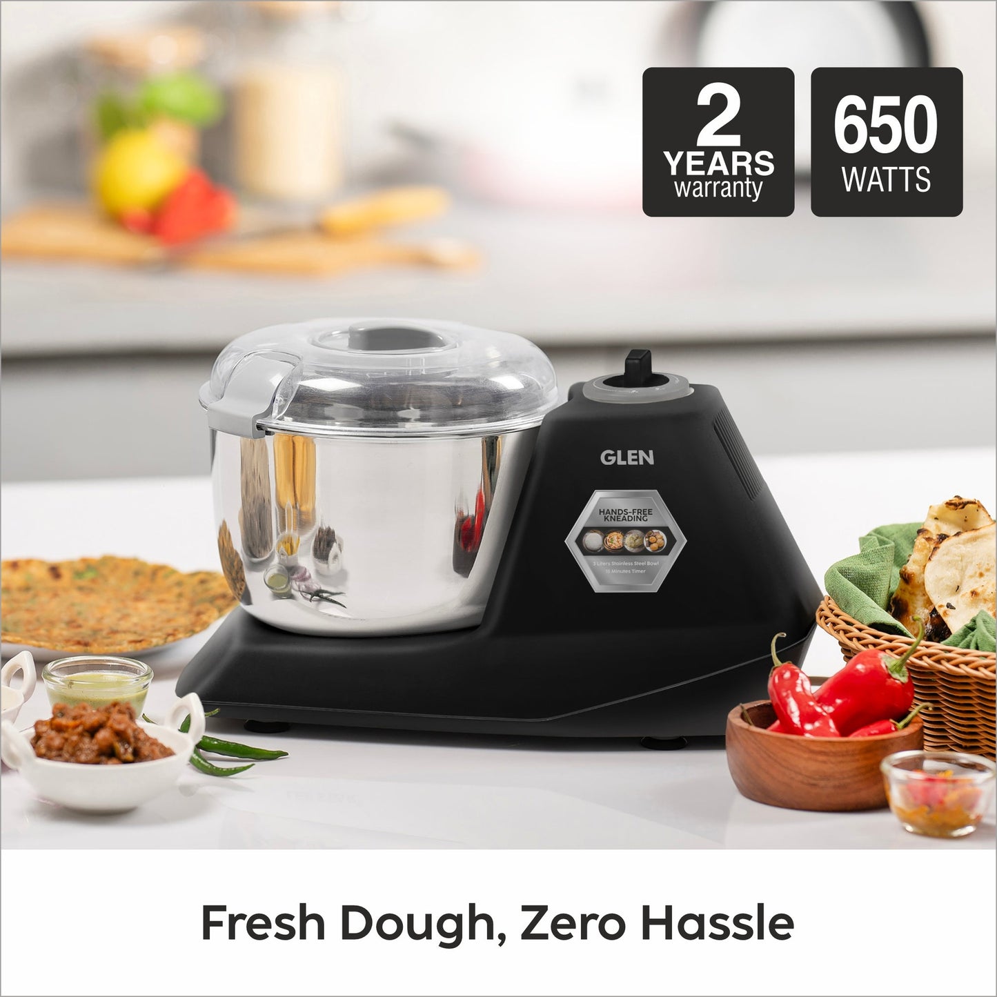 GLEN Atta Kneader Dough Maker 650 W | Hands-free kneading & 3 Litres Large SS Bowl (SA-3032DMBL)