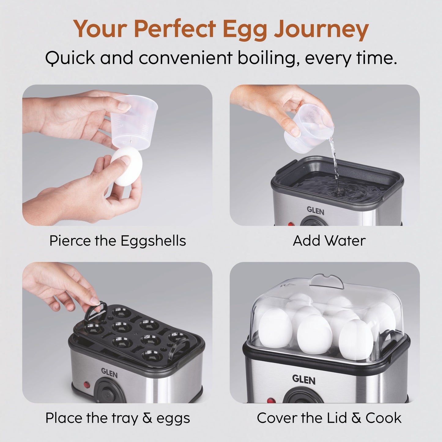 GLEN Egg Boiler Steamer | Boils upto 8 Eggs | Ready Indicator, Extra Steaming Rack for Vegetables | Auto shut Off, Push Button Start 350W (SA3036EBS)