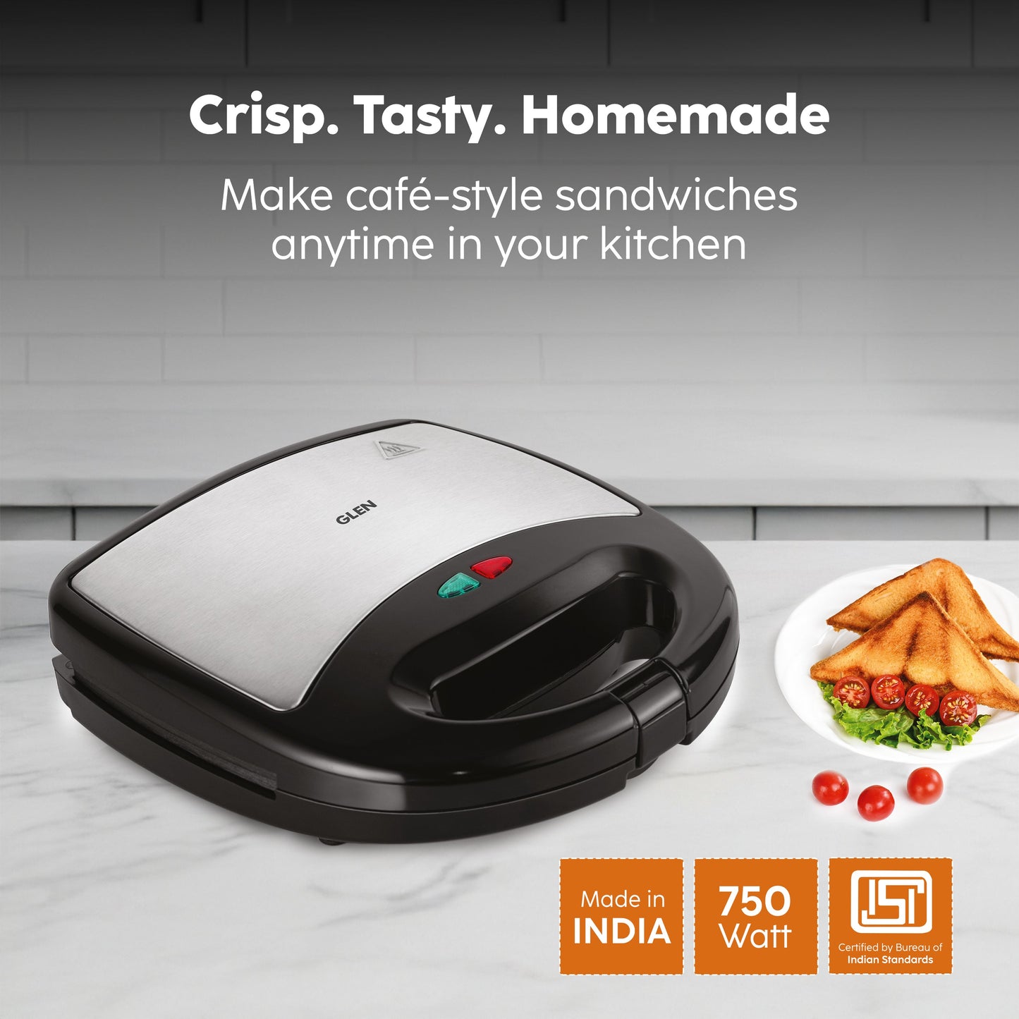 GLEN Electric Sandwich Maker with Non-Stick Coating Plates 750W - Black (SA-3026SW)