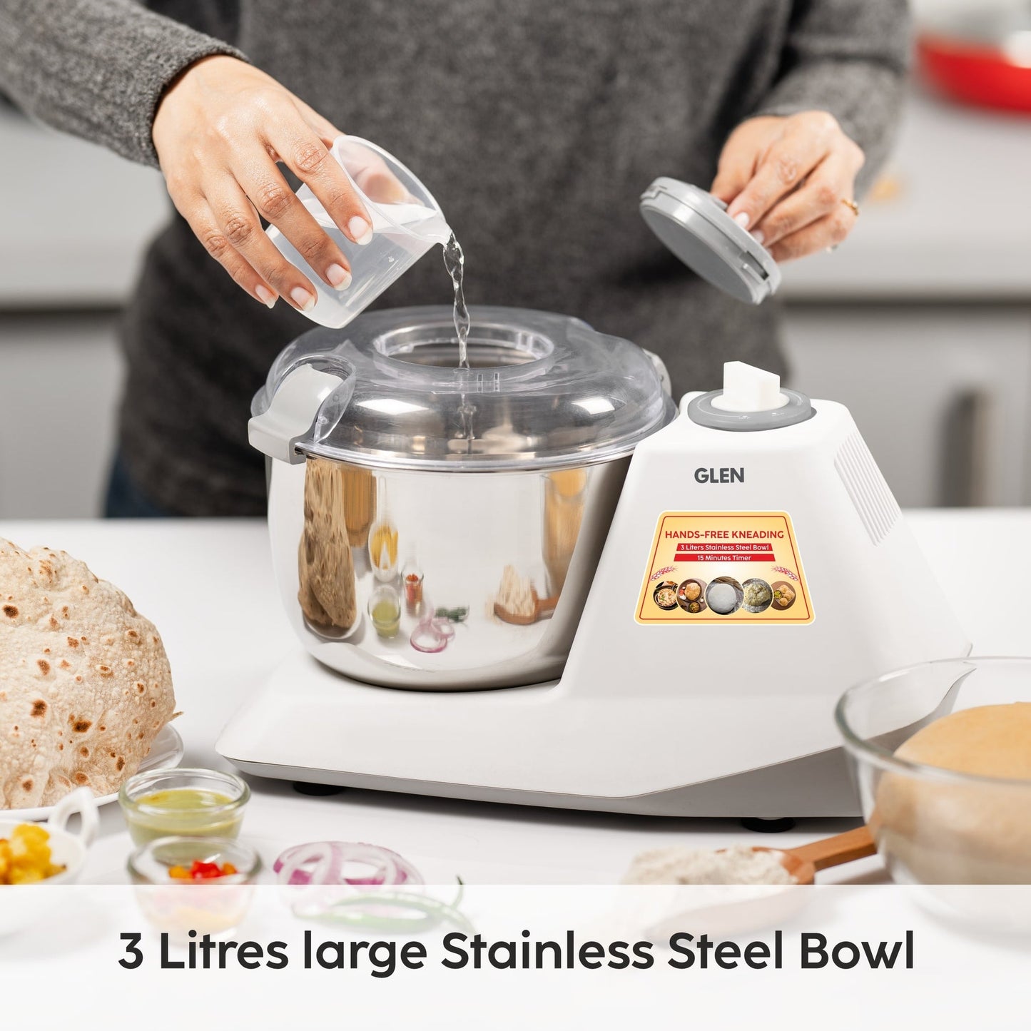 GLEN Atta Kneader Dough Maker 650W | Hands-Free Kneading with 3L Large Stainless Steel Bowl | Efficient & Durable for Soft Dough Every Time (SA3032DM)