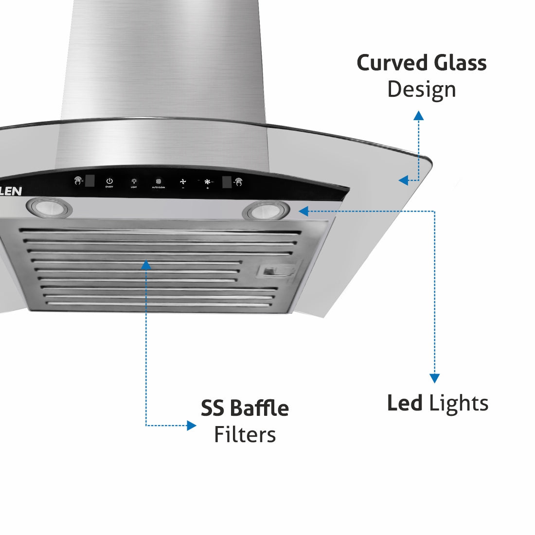 Auto Clean Chimney Curved Glass Baffle Filters with Motion Sensor 60/90cm 1200 mB3/h - Silver (6063 SS)