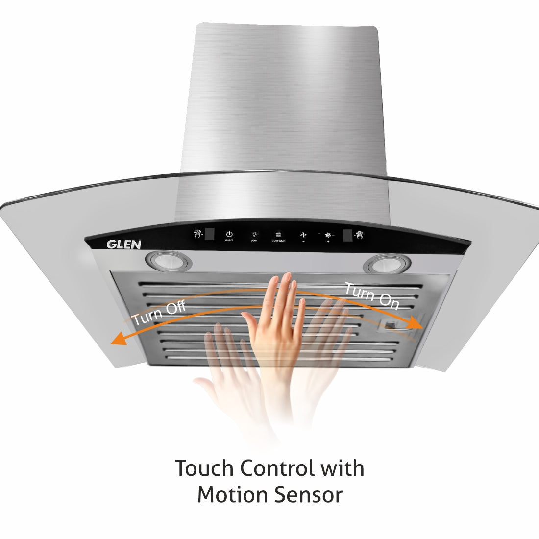 Auto Clean Chimney Curved Glass Baffle Filters with Motion Sensor 60/90cm 1200 mB3/h - Silver (6063 SS)