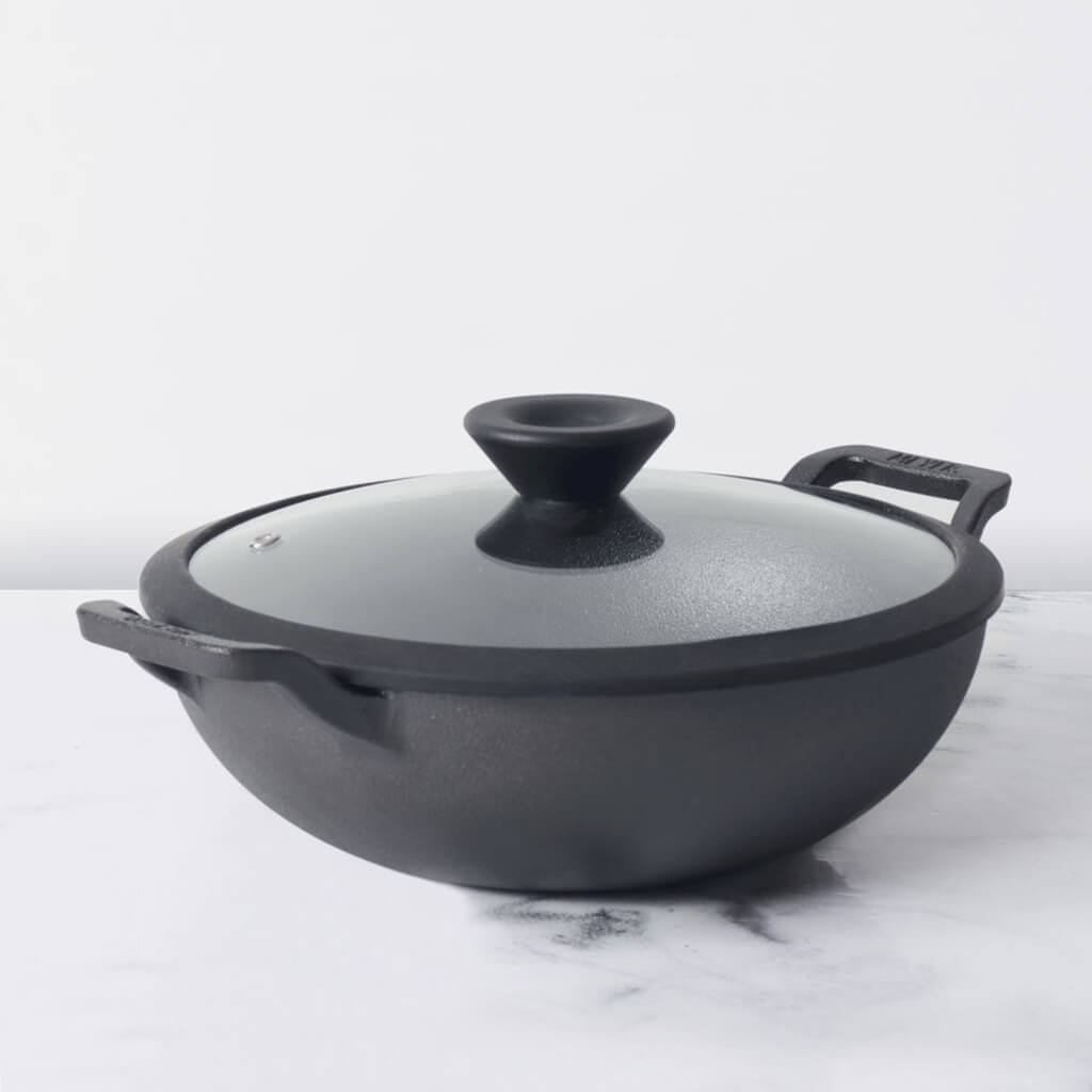 Meyer Pre Seasoned Cast Iron shallow Kadai With Glass Lid (Multiple Sizes)