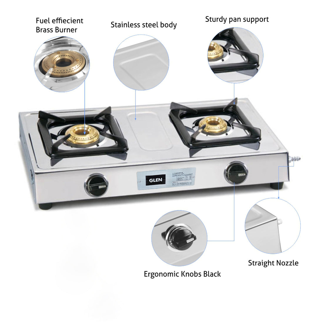 GLEN 2 Burner Stainless Steel PNG Gas Stove with Brass Burner (CT1020SSBBPN)