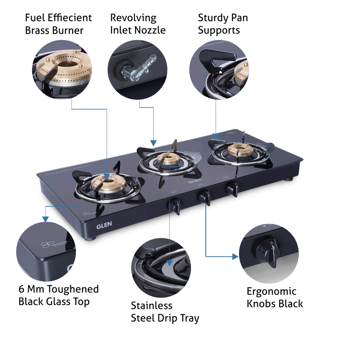 GLEN 3 Burner PNG Glass Gas Stove with High Flame Brass Burner Extra Large Black (CT1033GTXLBBBLPN)