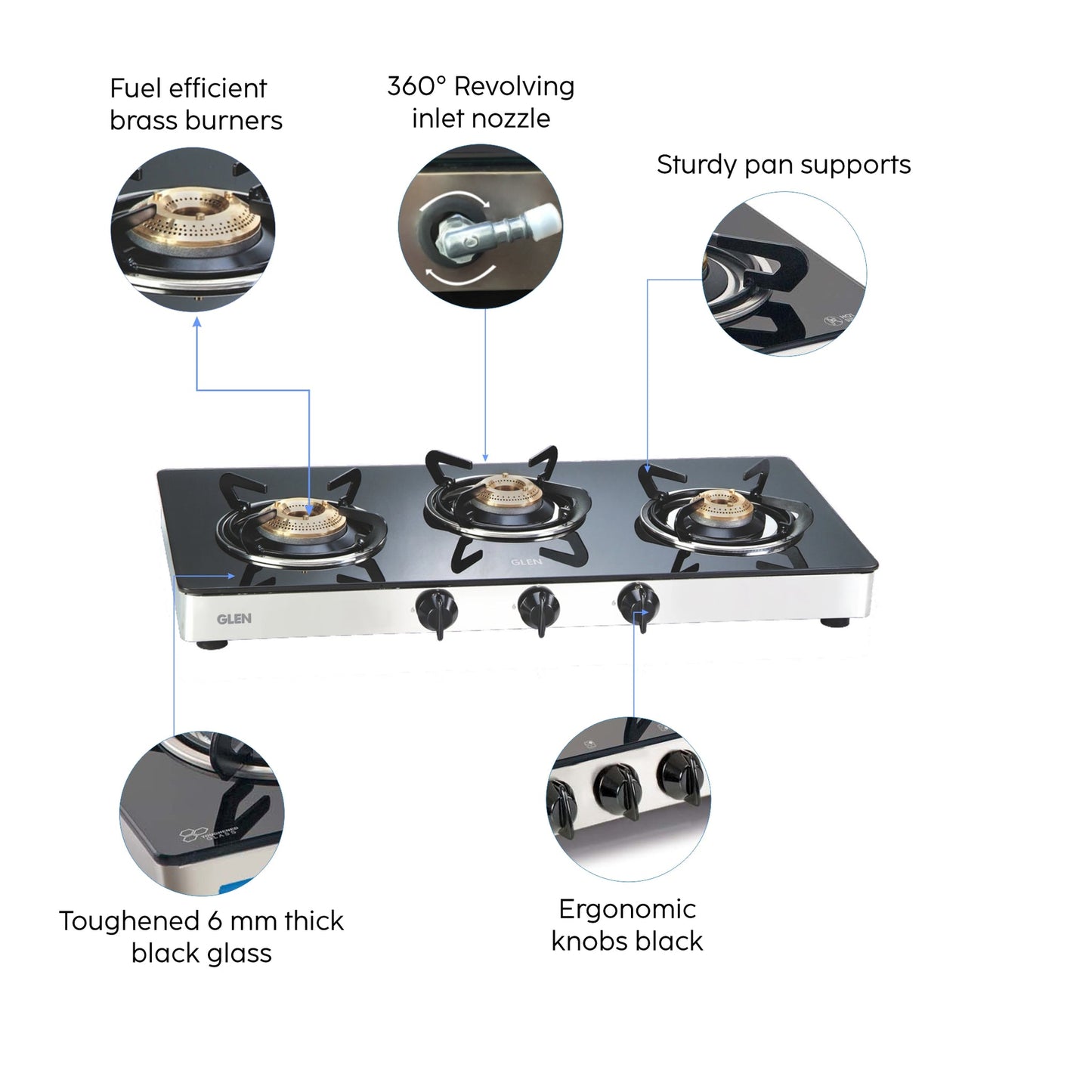 GLEN 3 Burner LPG Glass Gas Stove with Brass Burner (CT1031GTEX)