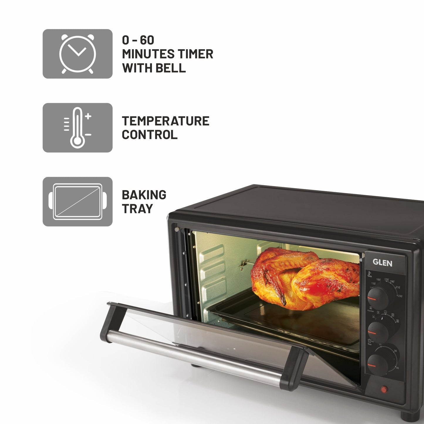 GLEN 25L Oven Toaster Griller (OTG) | 1700W Convection Oven | 60-Min Timer, Oven Light & Removable Crumbs Tray – Black (SA5025)