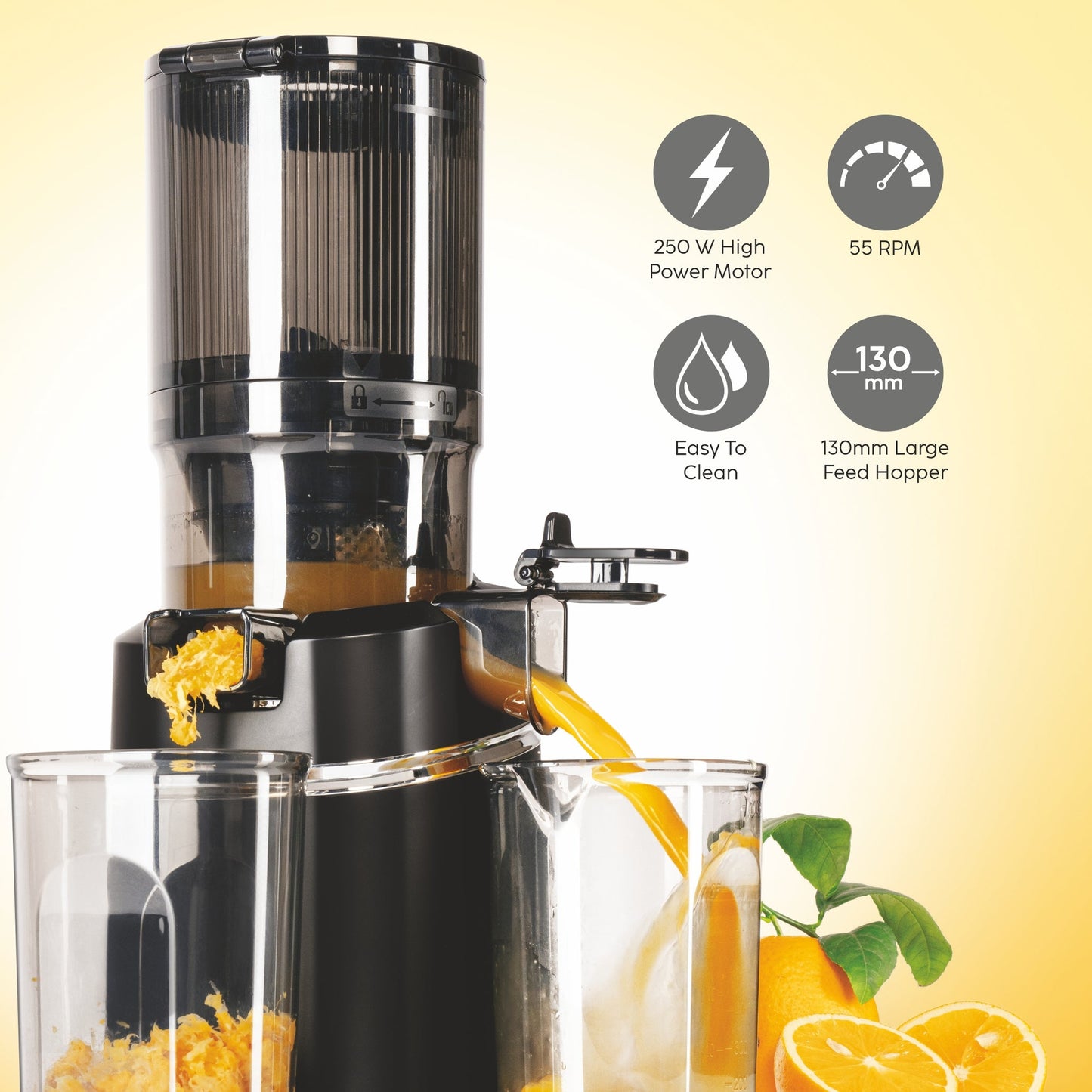 GLEN Hopper Slow Juicer 130mm Large Feed, Juice and Pulp containers, Low Noise 250W (SA-4016HSJ)