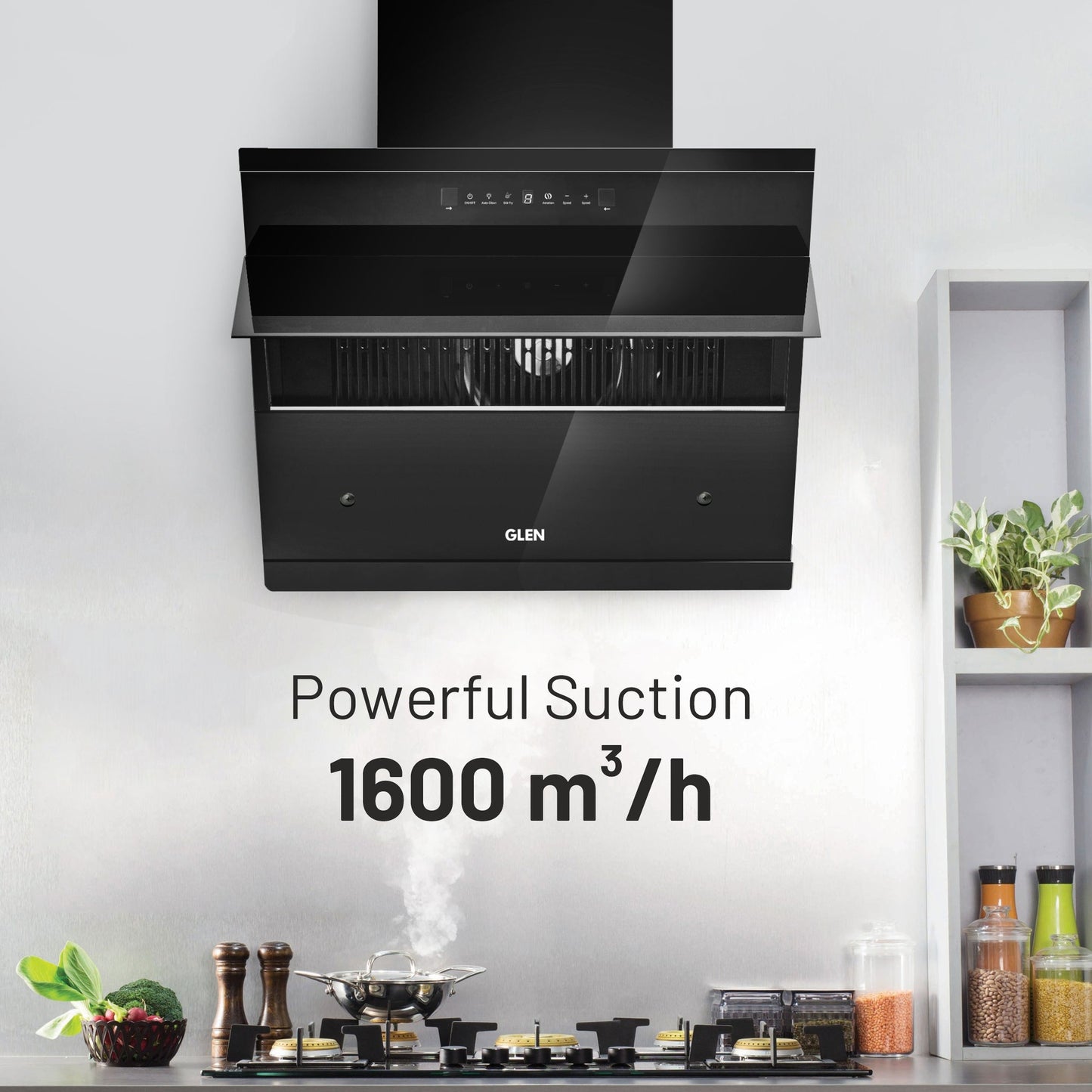 GLEN Auto Clean Vertical Glass Chimney (CH 6073 HSR DC AC) | Filter-less Design with Heat Sensor & BLDC Motor 1600 m³/h | Touch & Motion Control, Remote Operated – 60/75/90 cm
