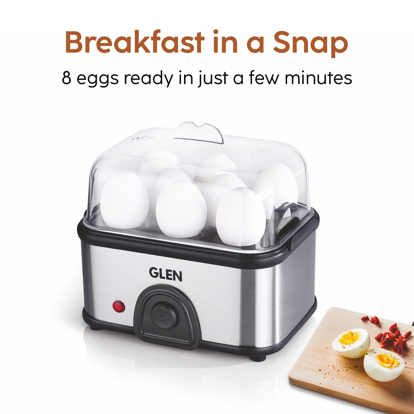 GLEN Egg Boiler Steamer | Boils upto 8 Eggs | Ready Indicator, Extra Steaming Rack for Vegetables | Auto shut Off, Push Button Start 350W (SA3036EBS)