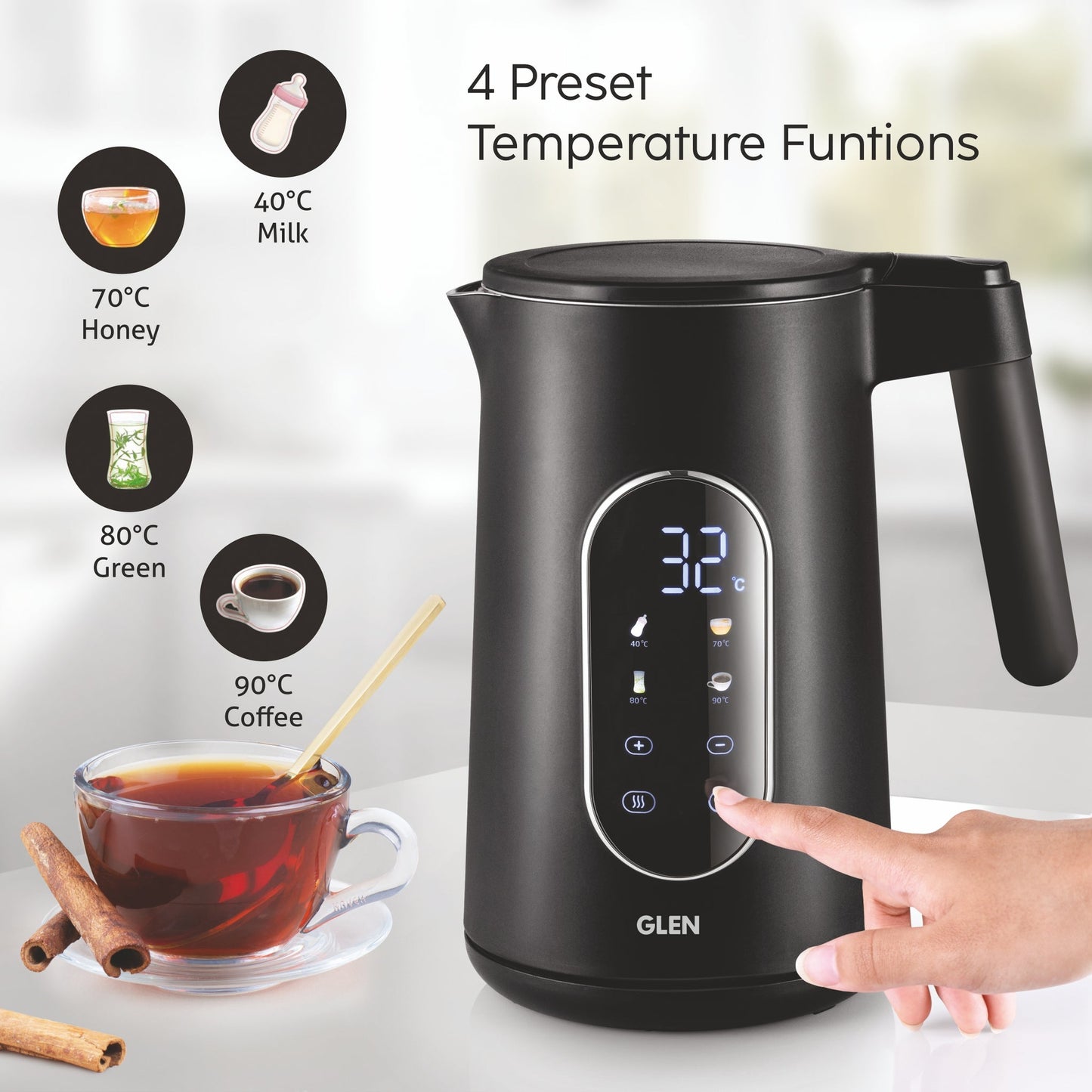 GLEN Electric Kettle 1.5 Litre with Digital Display Touch Control | 4 Pre Set Functions, Auto Shutoff, 1500W (SA-9009SSBL)