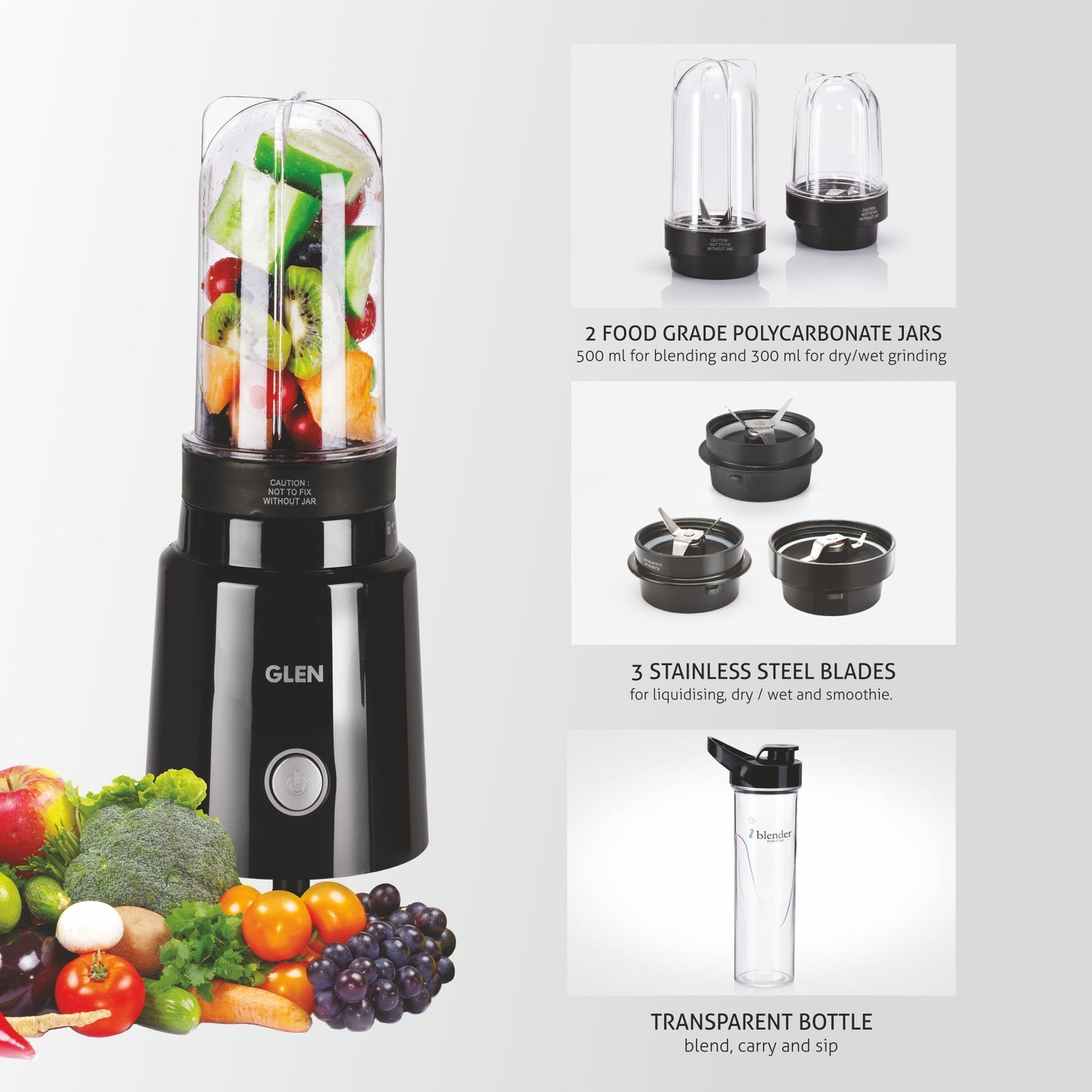 GLEN Active-Blender, 350W Grinder Blender, 2 Unbreakable Food Grade Jars and Personal Bottle (SA4048NPLUS)