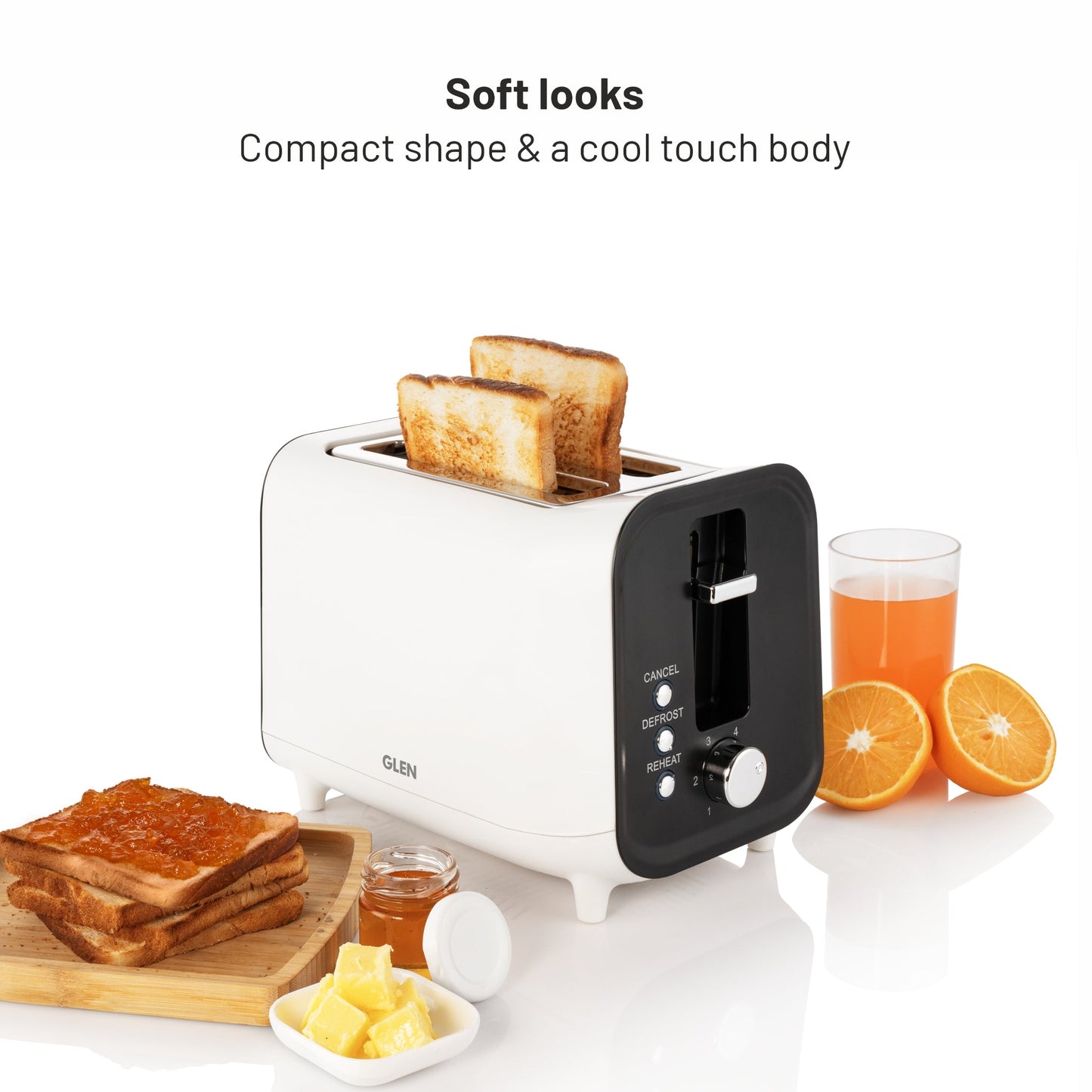 GLEN Electric Auto Pop-up 2 Slice Toaster, 750W, 6 Level Browning Control, Removable Crumb Tray - White SA3014