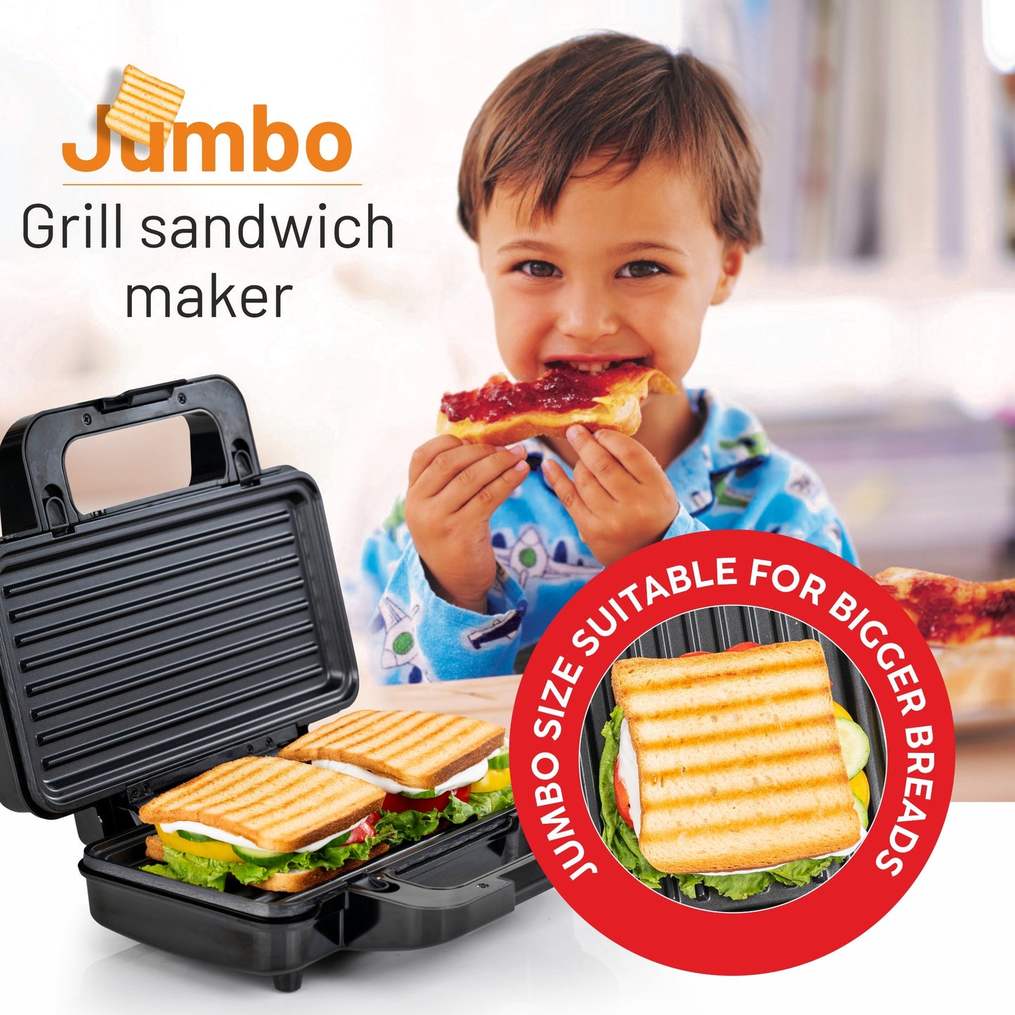 GLEN Electric Jumbo Sandwich Maker Grill with Non-Stick Coating Plates, 1000W - (SA3025JGRILL)