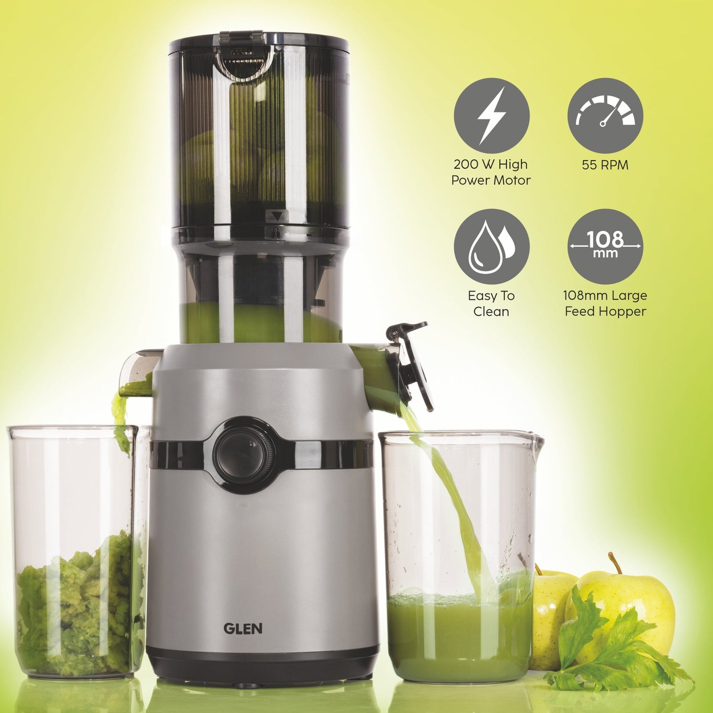 GLEN Hopper Slow Juicer 108mm Large Feed, Juice and Pulp containers, Low Noise 200W (SA-4015HSJ)