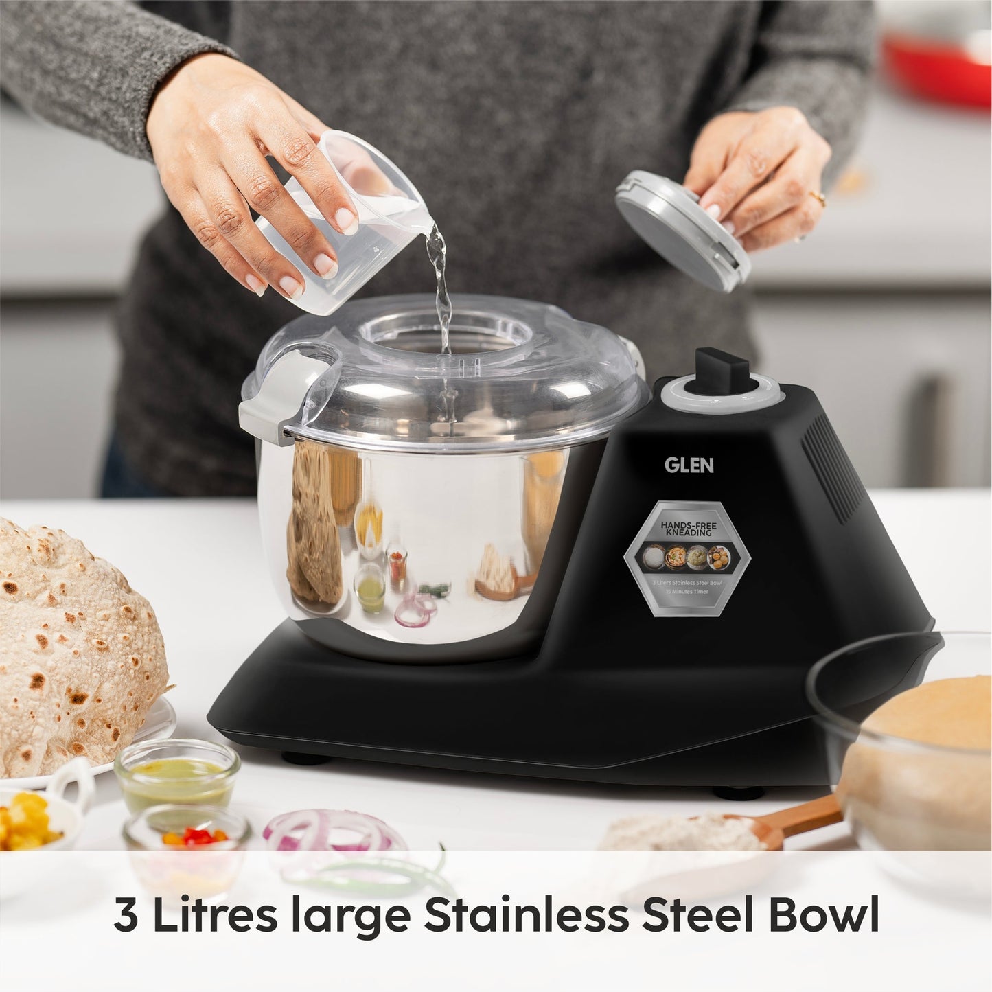 GLEN Atta Kneader Dough Maker 650 W | Hands-free kneading & 3 Litres Large SS Bowl (SA-3032DMBL)