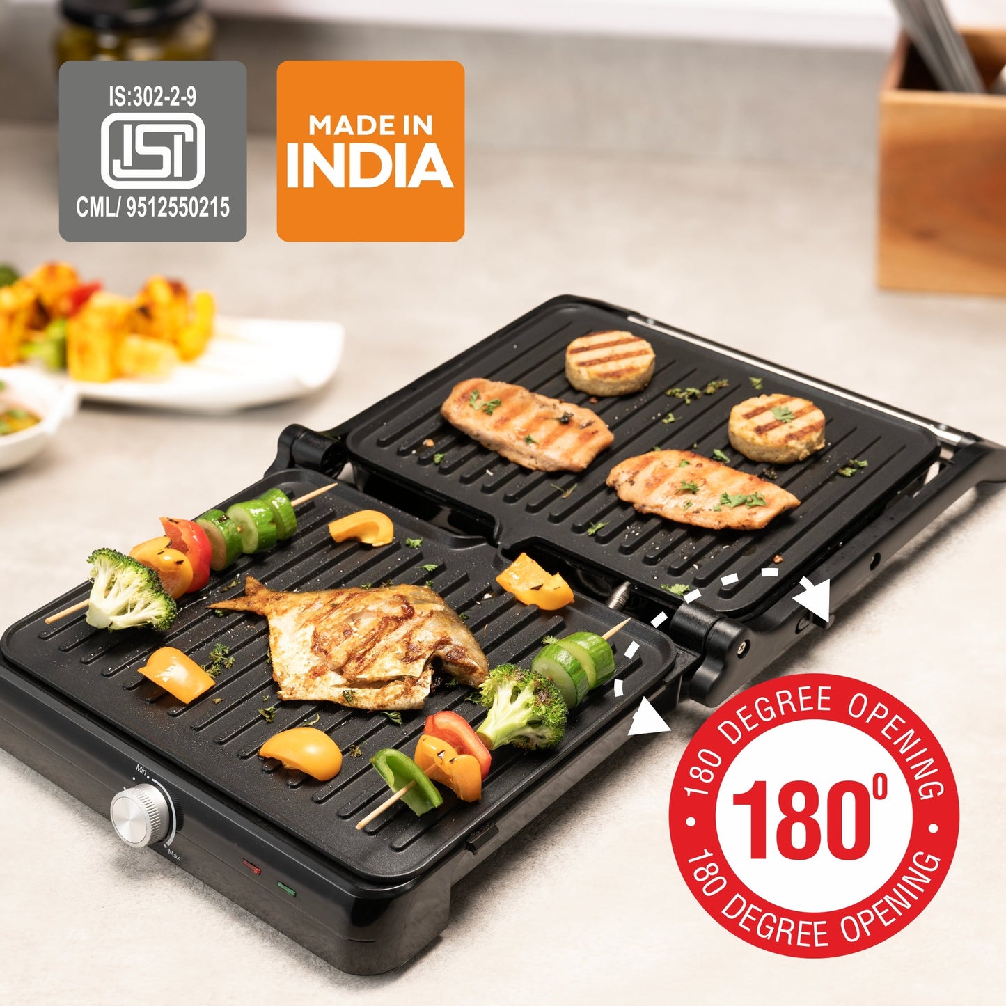 GLEN Electric Contact Grill & Sandwich Maker with 180-degree opening, Non-Stick Plates, 2000w - (SA3031INCG)