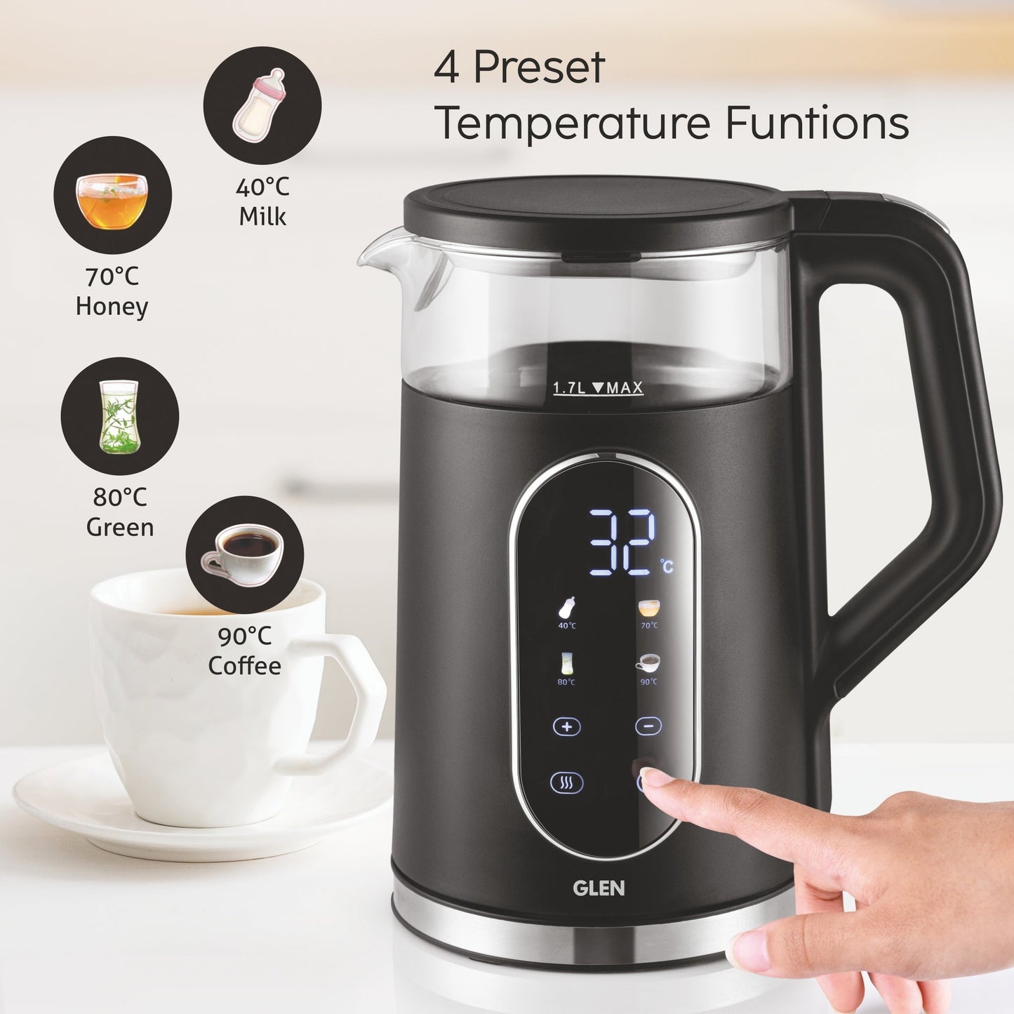 GLEN Electric Kettle 1.5 Litre | Digital Display Touch Control and 4 Pre Set Functions | Auto Shutoff, 1500W (SA-9008GLBL)