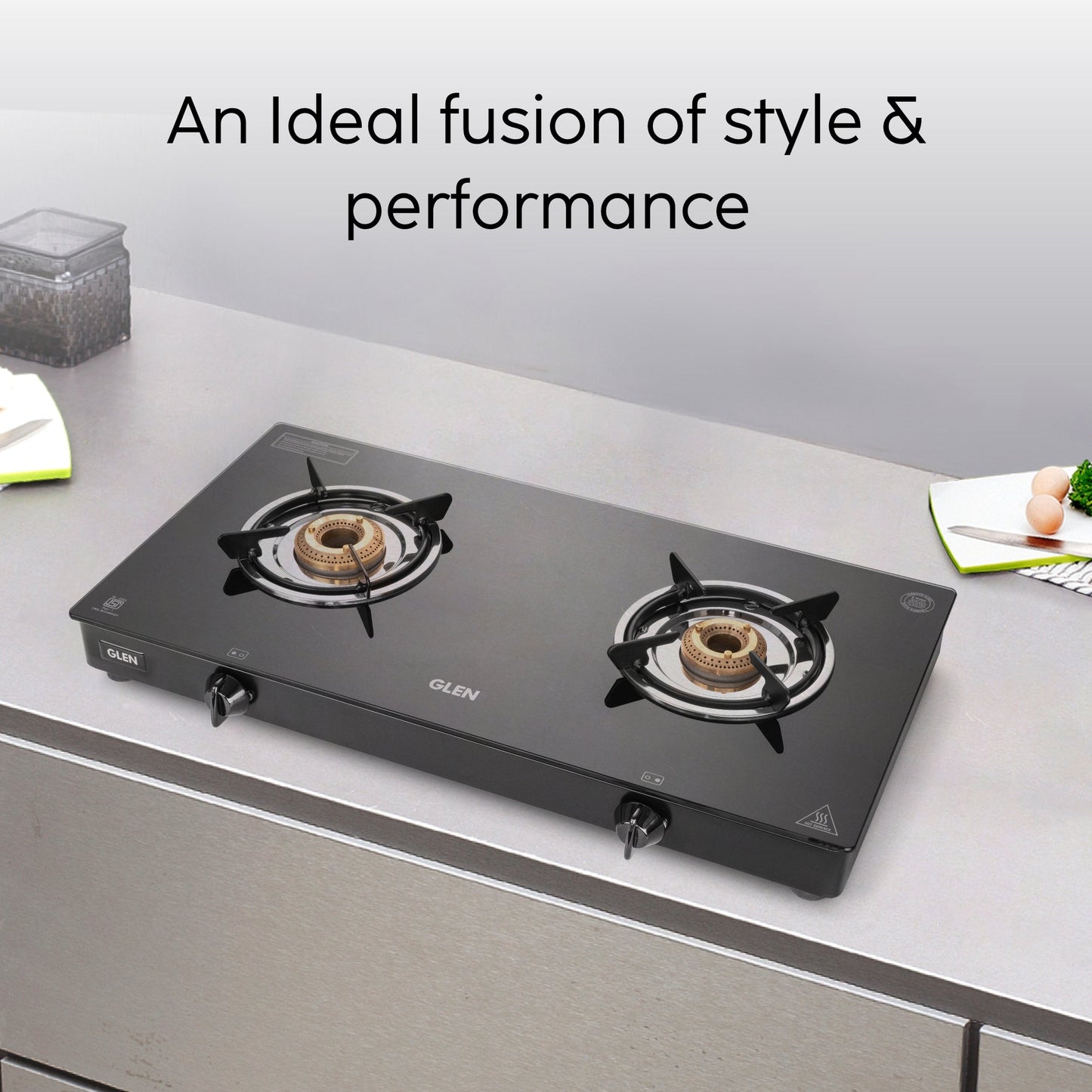 GLEN 2 Burner Glass Gas Stove Jumbo with Brass Burner Black (CT1020GTJMBB)