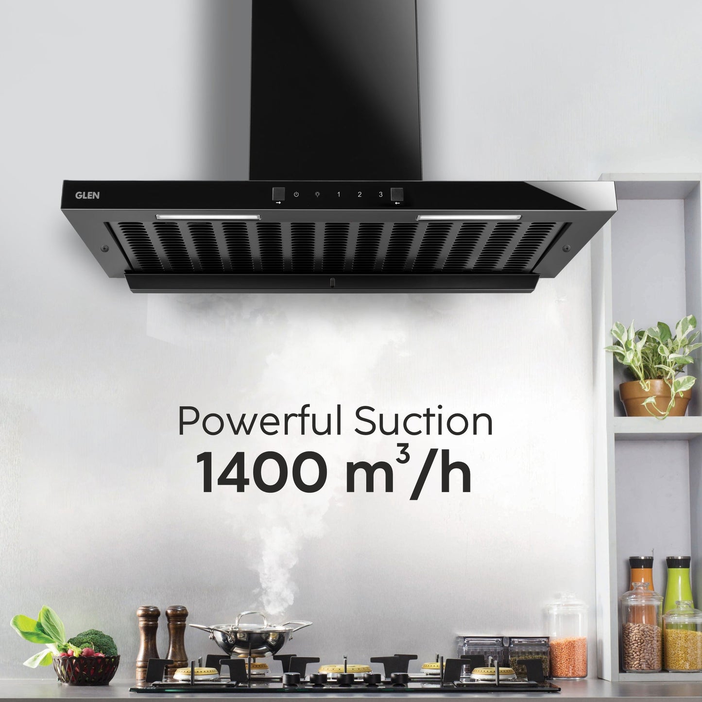 GLEN Auto Clean Filterless Kitchen Chimney | Heat Sensor, Intelli-Clean, 1400 m³/h Suction, Touch & Motion Control, Remote Operated – 60/76/90 cm Black (CH 6055 BL MS AC)