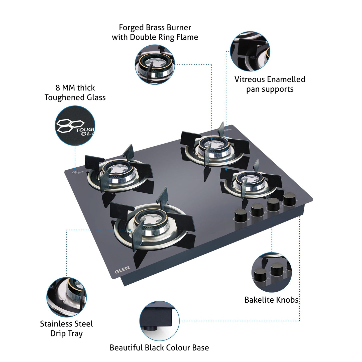 4 Burner Glass Hob Top Double Ring Forged Brass Burners (1064 RO HT DB) + Auto Clean Glass Filterless Chimney 60cm 1200m3/h (6072SXAC)