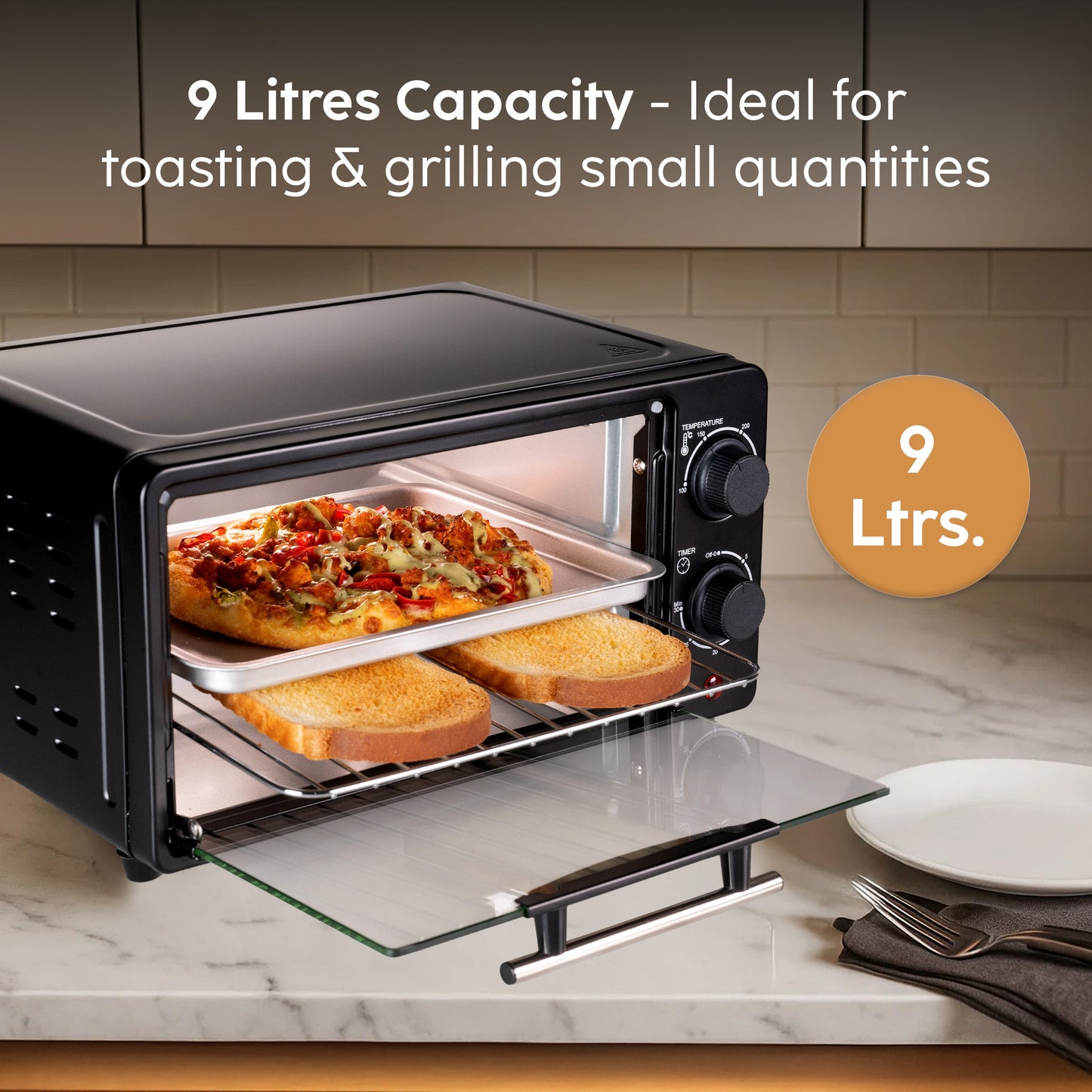 GLEN 9L Oven Toaster | 800W SS Heating Elements, 30-Minute Timer & Ergonomic Knobs – Black (SA5009E)"