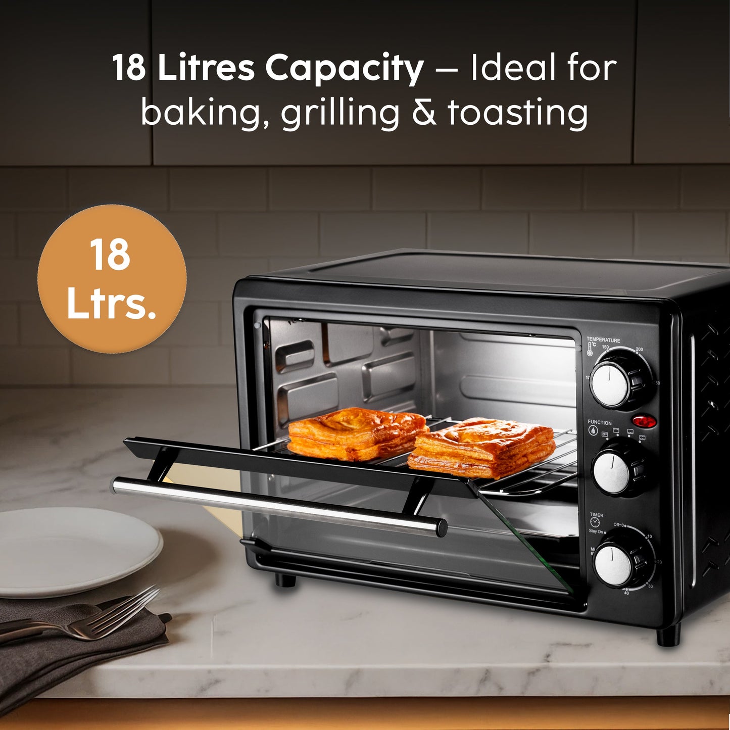 GLEN Oven Toaster Griller (OTG) - 18 Litres | Upper & Lower Heating 60 minute timer 1200W - Black (SA5018)
