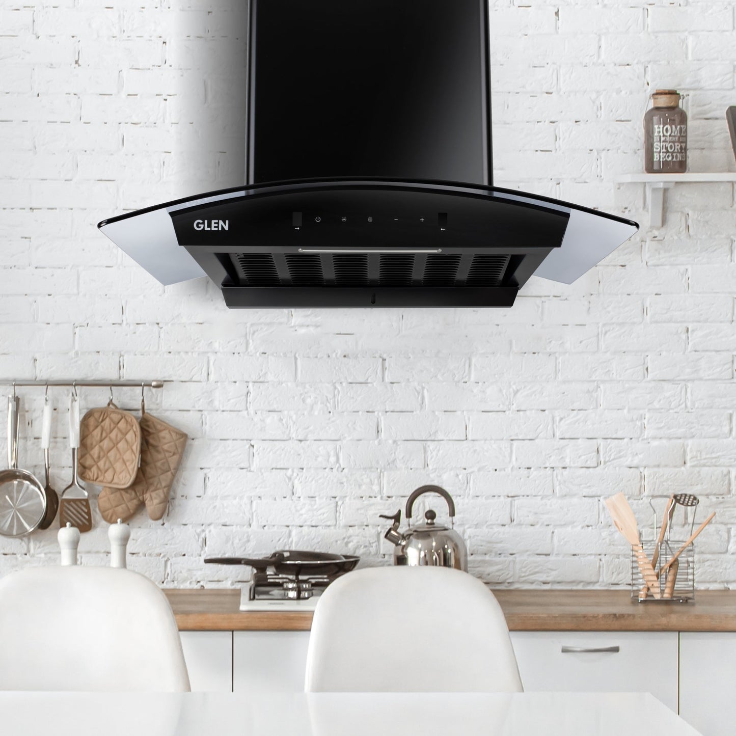 Auto Clean Curved Glass Filter less Kitchen Chimney with Motion Sensor 60/76/90cm, 1200 m3/h (6058 BL Auto Clean)